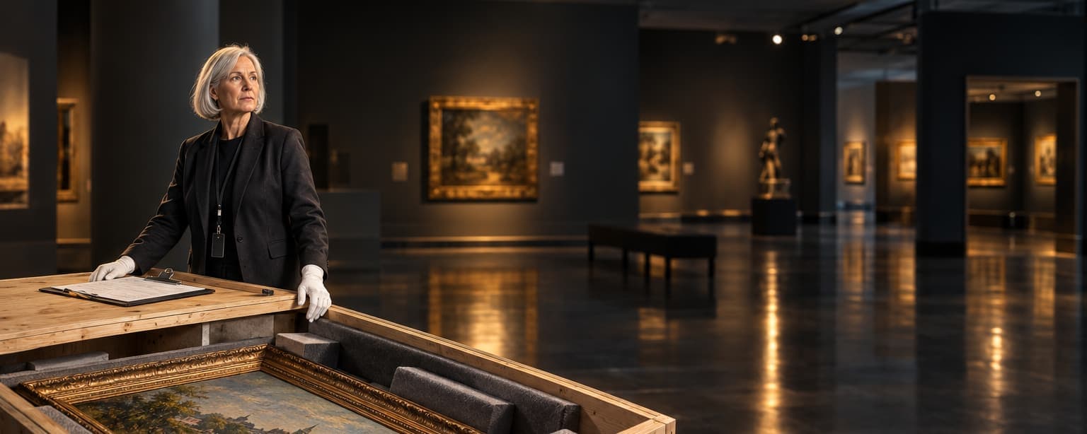 A museum registrar in a dark blazer and white cotton gloves standing beside an open wooden shipping crate in a gallery after hours, a framed painting resting on padded blocks and a condition report clipboard on the crate lid
