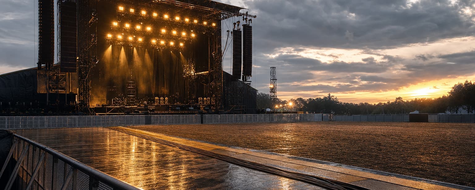 A festival main stage lit at dusk, barrier and empty field before the gates open