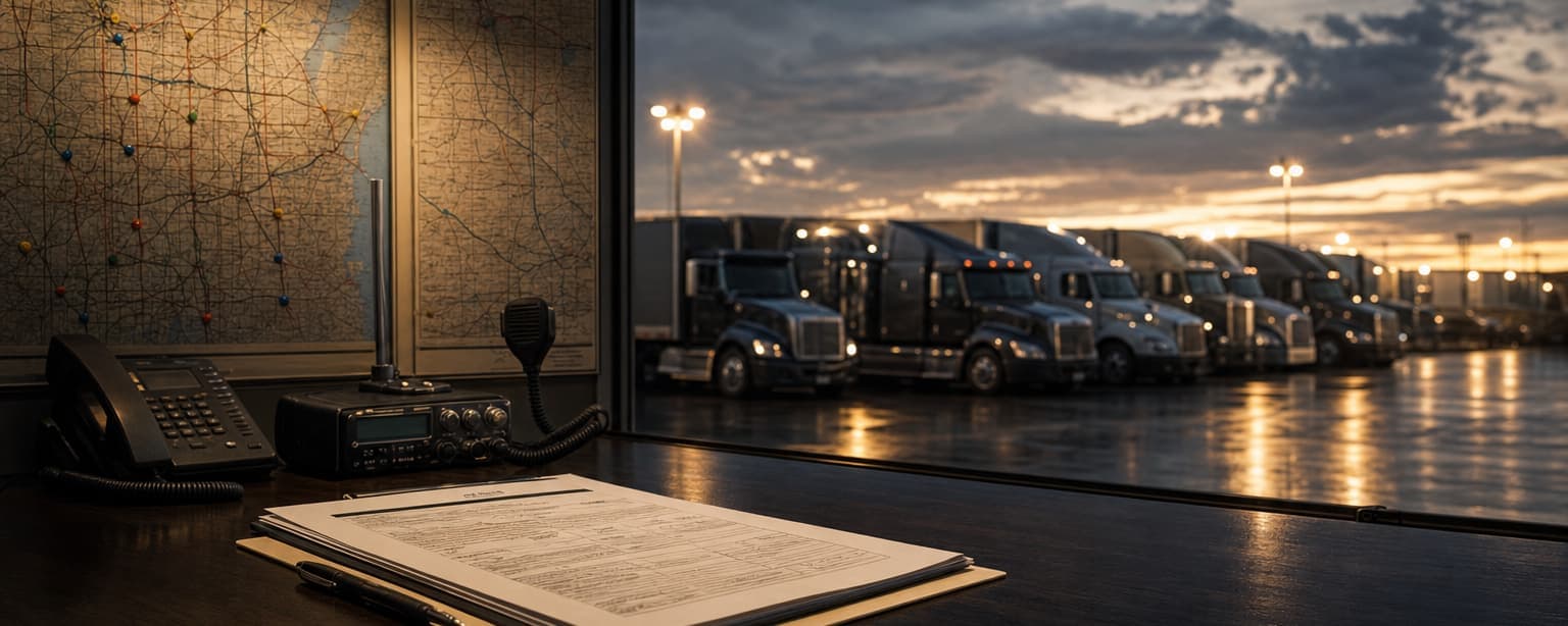 A trucking policy declarations page on a dispatch desk with route maps and a radio behind, tractors under yard lights through the window at dawn
