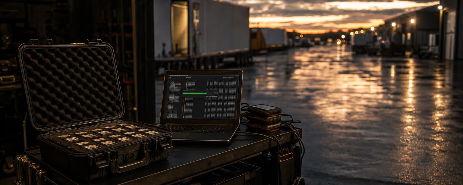 An open equipment case and a laptop on a cart at a loading area at sunset, trailers lined up along the wet ground