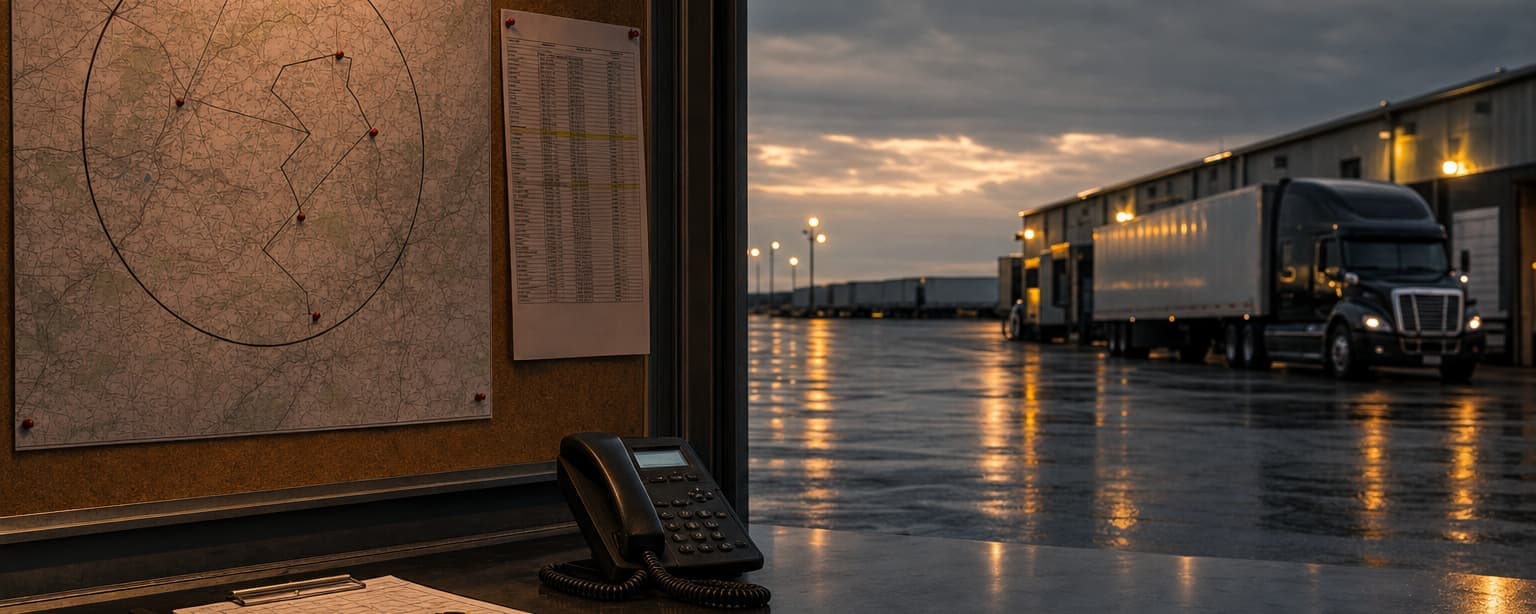 A radius map with a drawn operating area pinned to a dispatch board beside a load sheet, a highlighter and a phone on the desk below