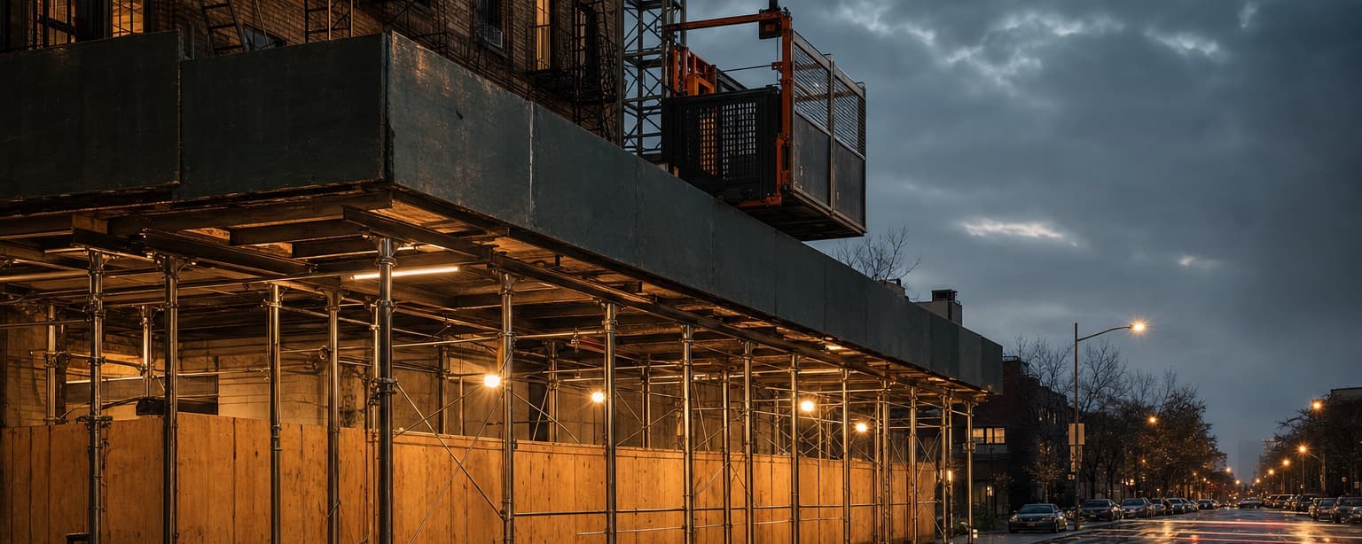 A New York City sidewalk shed and pipe scaffold outside a walk-up building under renovation at dusk, a plywood barrier and a material hoist, headlight streaks on the wet street