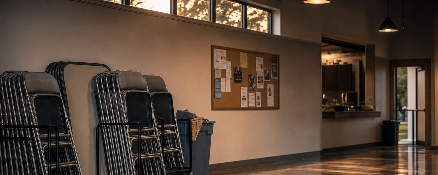 A nonprofit community room after a session, stacked folding chairs and tables against the wall, a donation bin and a bulletin board of program flyers in evening light
