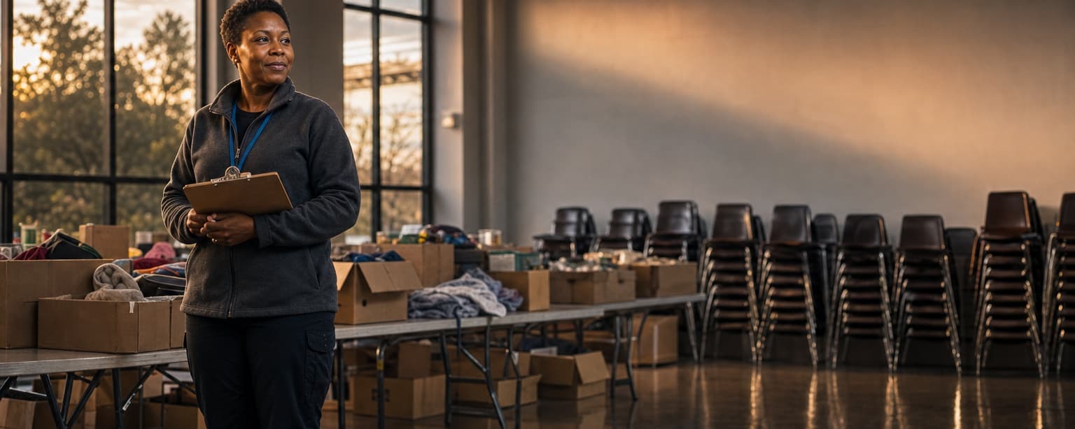 A volunteer coordinator in a grey zip fleece and staff lanyard holding a clipboard in a community hall at sunset, cardboard donation boxes sorted on folding tables and chairs stacked against the wall behind her