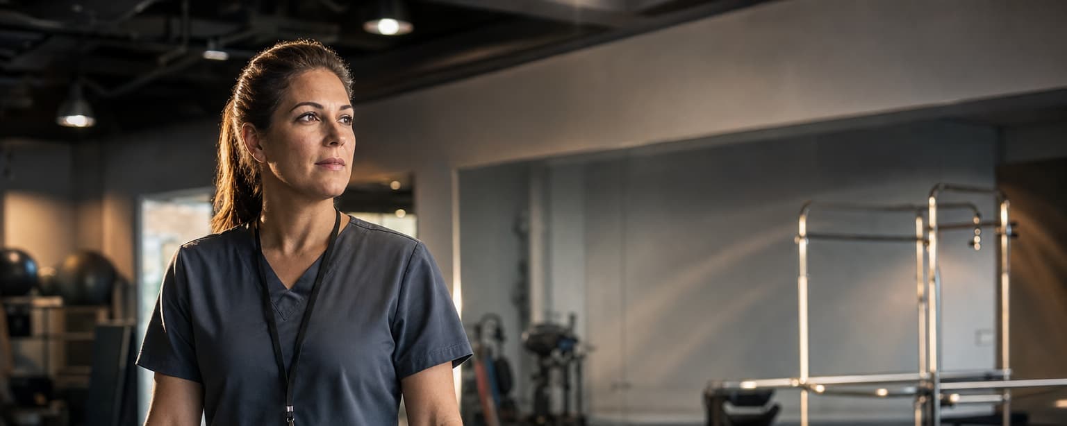 An occupational therapist in scrubs and a badge lanyard standing in a clinic gym, a padded treatment table beside her and parallel bars and exercise equipment along the wall behind