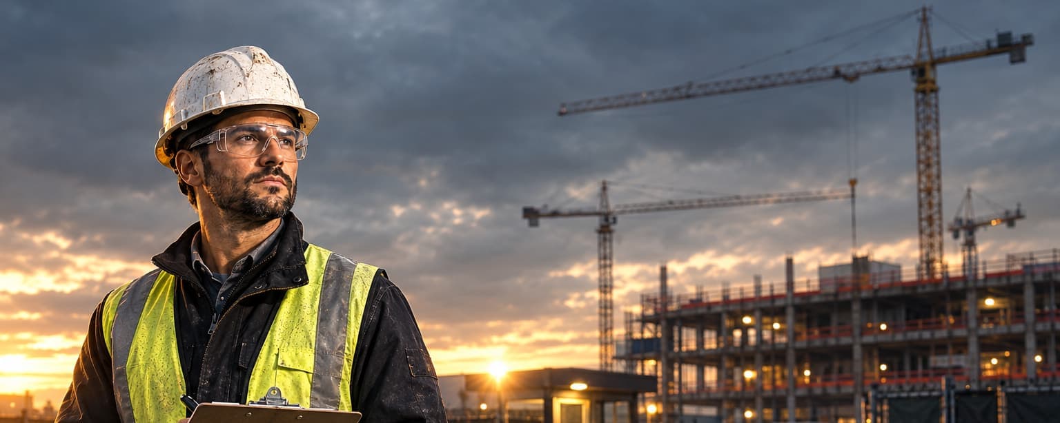 A safety manager in a hard hat with a clipboard at the badge-in gate of a large hospital construction site at dawn, cranes and site fencing behind