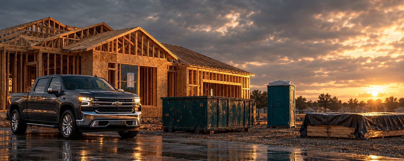 A house with its framing complete, a pickup in the driveway, a dumpster and a portable toilet at the curb, a permit taped in the window and lumber stacked under a tarp