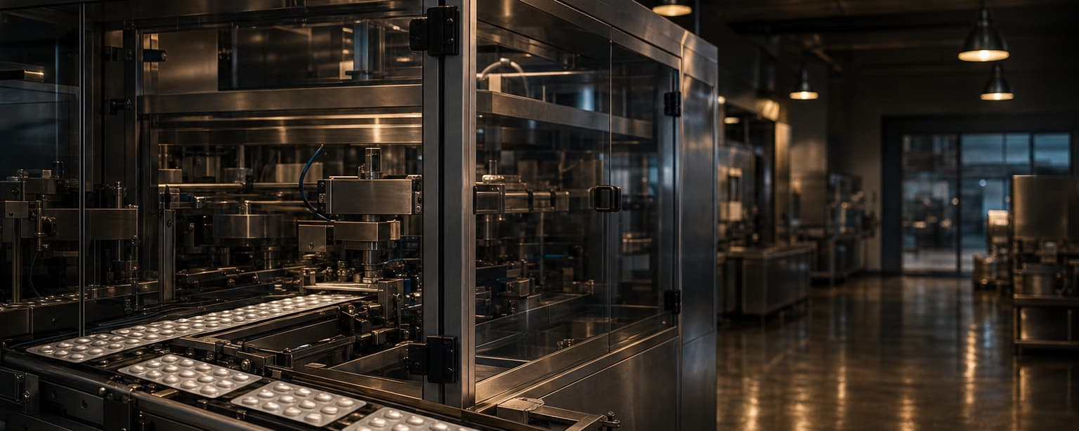 A pharmaceutical packaging line, blister packs advancing on a conveyor under stainless machine guards with printed batch labels stacked at the discharge end
