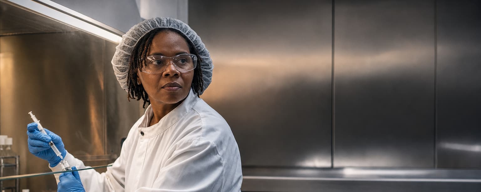 A Black woman pharmacist in her forties, hair in short locs, wearing a white coat, safety glasses, blue nitrile gloves and a hair cover, drawing up a syringe under a laminar flow hood in a stainless steel compounding room and glancing over her shoulder