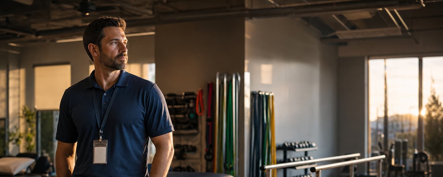 A physical therapist in a polo and badge lanyard standing between treatment tables in a clinic, parallel bars, resistance bands and a dumbbell rack along the wall behind him in low evening light