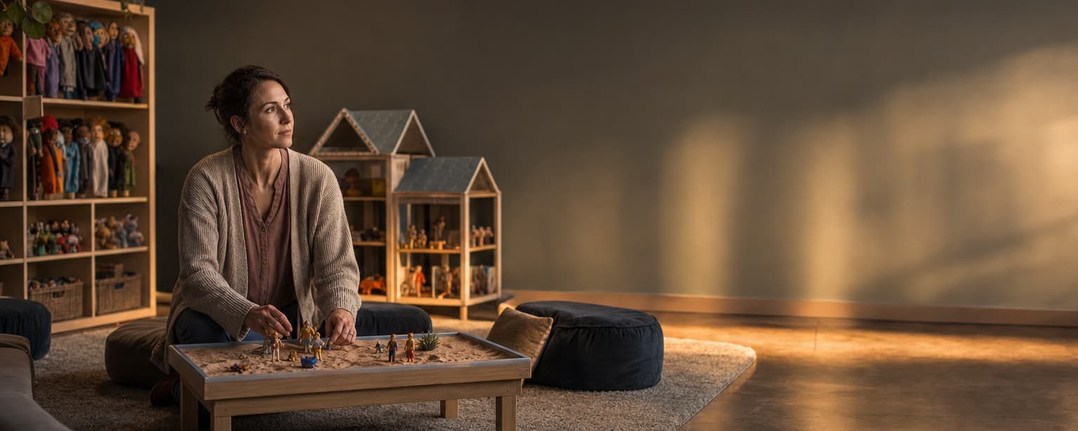 A play therapist kneeling beside a low table holding a sand tray and small figures in a bright playroom, a dollhouse and shelves of puppets and floor cushions behind her