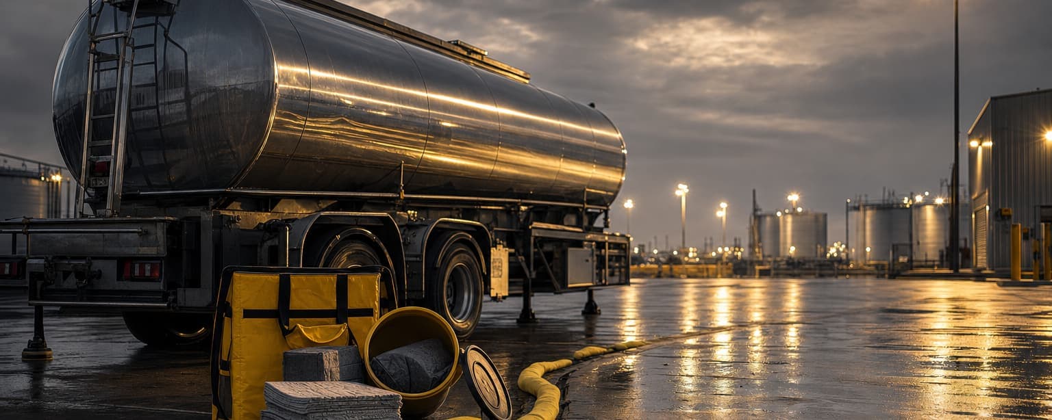 A stainless fuel tanker parked on a wet industrial yard at dusk with a spill kit staged beside it, an open drum and absorbent pads on the ground and a yellow containment boom laid along the storm drain