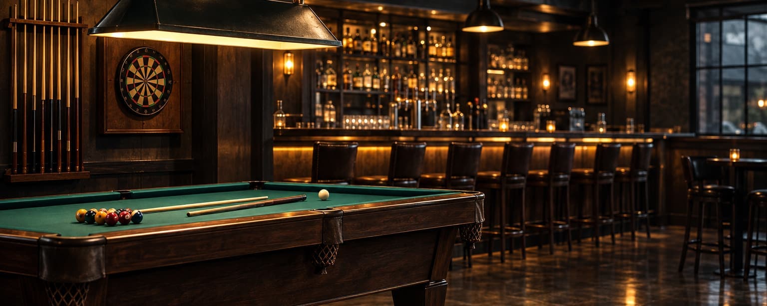 A pool table under a low hanging lamp in a bar room, cues racked on the wall beside a dartboard, the lit bar counter behind