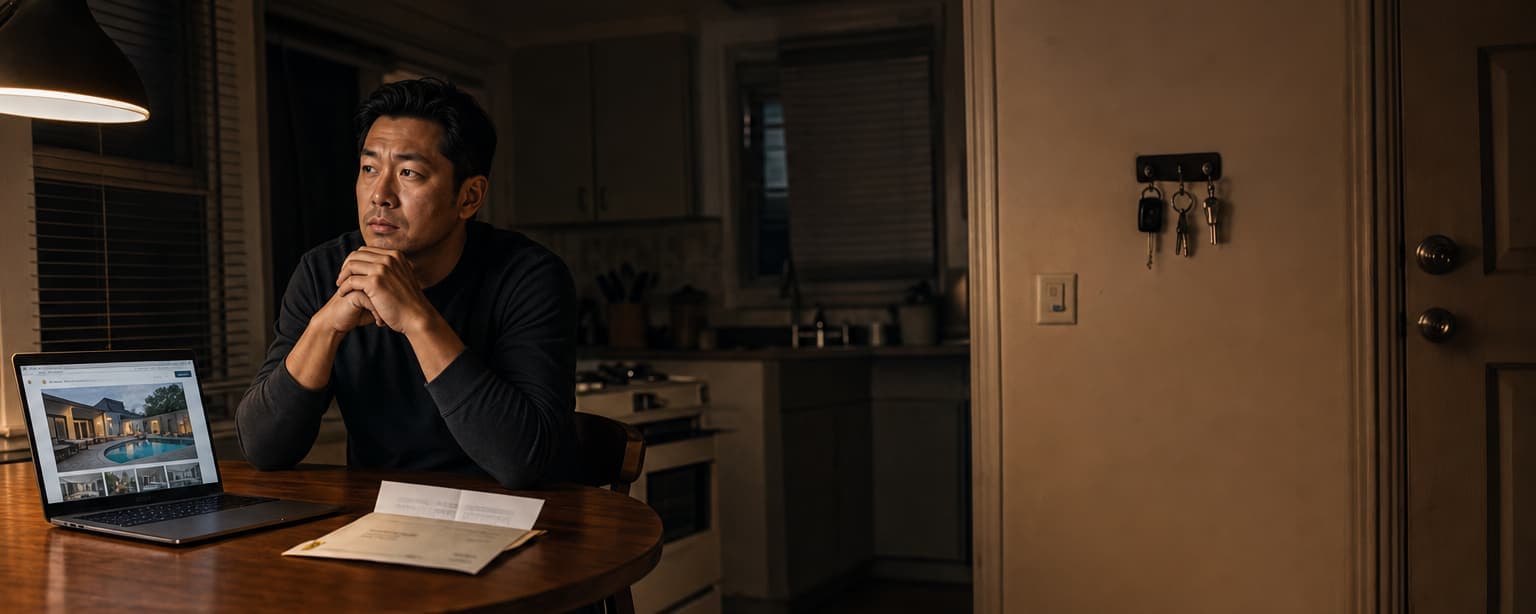 A short-term rental host at his kitchen table at night, hands clasped under his chin, a laptop open to his listing beside a court summons on the table, the rental keys on a hook by the door