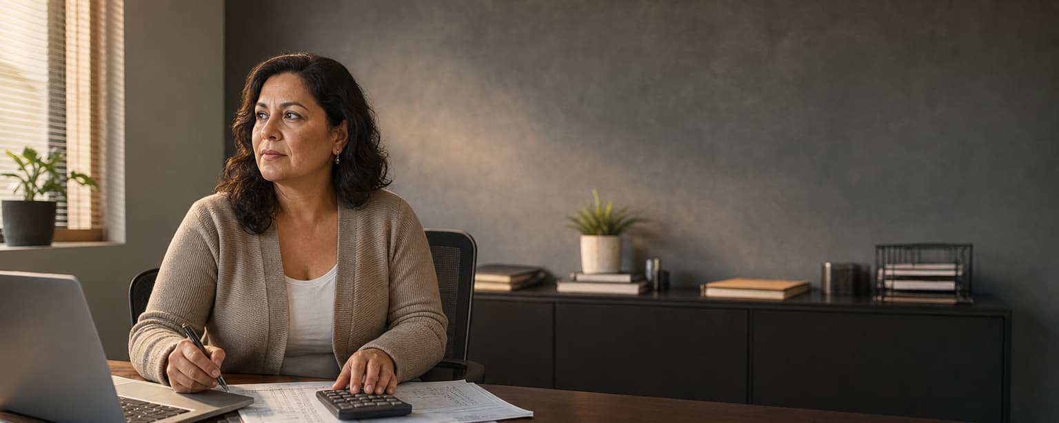 A woman in a cardigan at a desk with a year-end audit worksheet and a calculator beside an open laptop, morning light in a small office