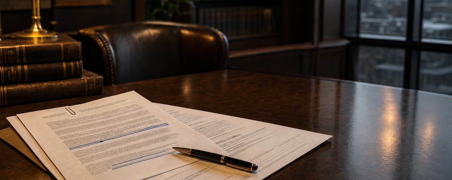 Two contract pages spread on a dark desk with a pen laid across them, a leather chair and a lit window behind