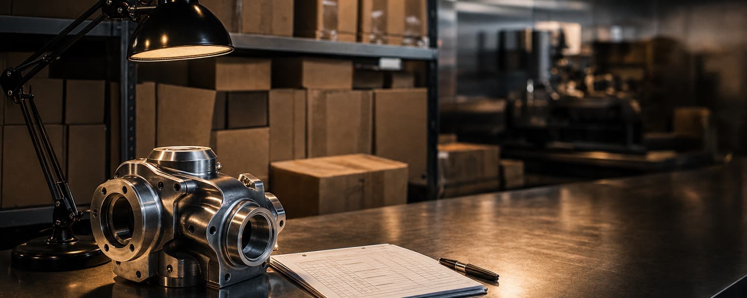 A machined metal assembly on a workbench under a task lamp beside a clipboard of drawings, cartons stacked on racking behind
