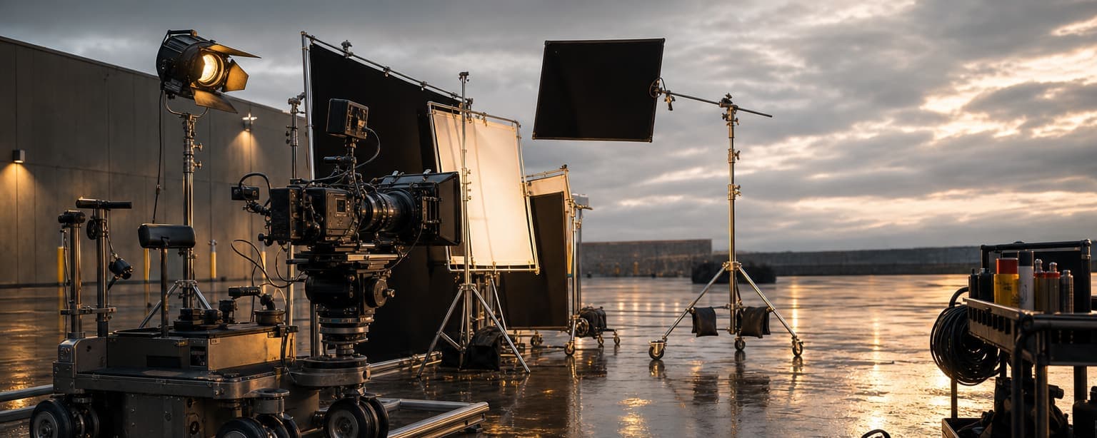 A film camera on a dolly with lights, flags and a bounce board set up at a waterside location at sunset