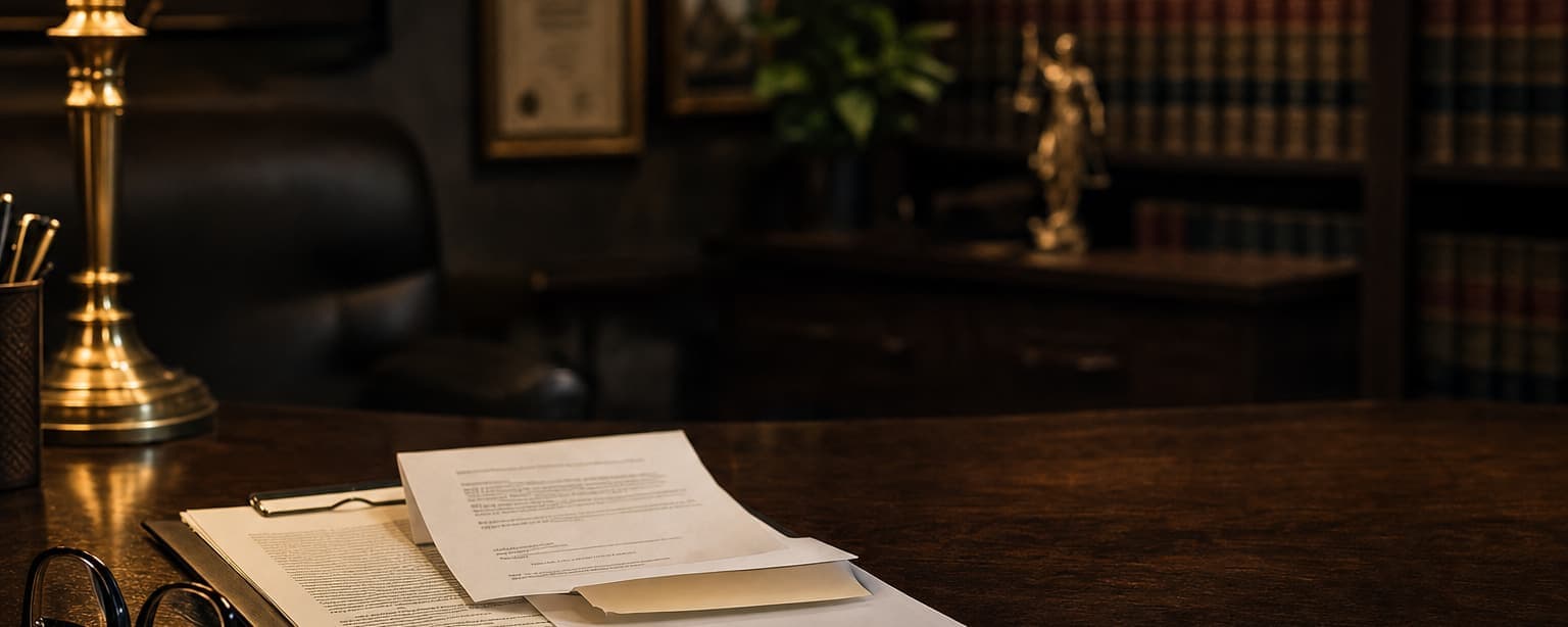 A desk under a brass lamp with a signed document, reading glasses and a pen, a framed certificate and shelves of bound reports behind