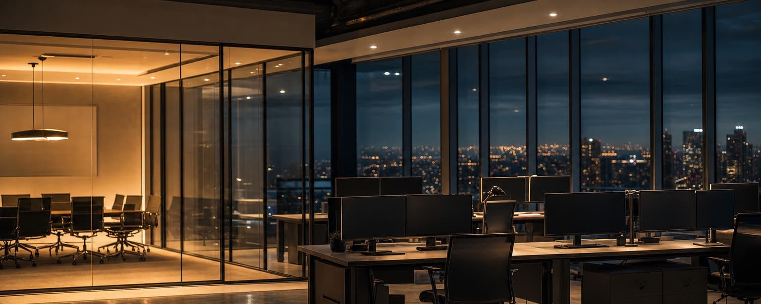 A small professional services office after hours, rows of desks with dark dual monitors, one glass-walled meeting room still lit and city lights through the window wall