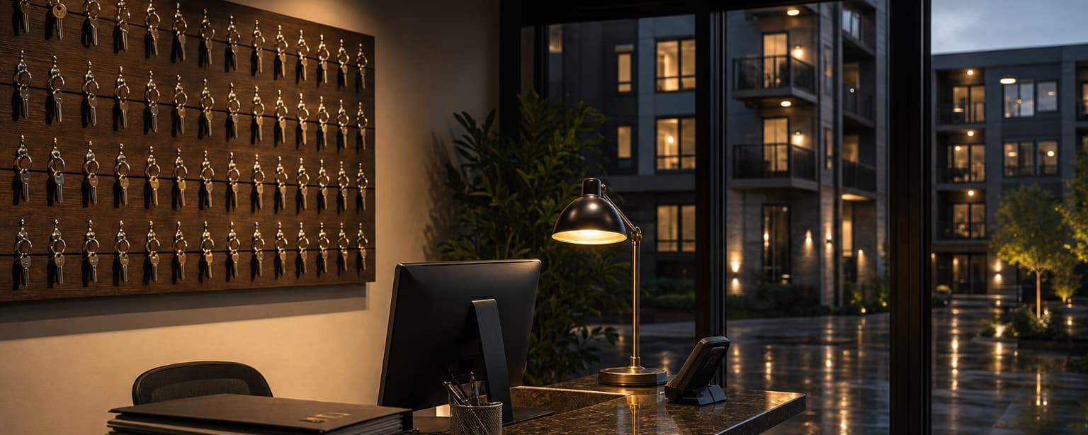 A property manager’s leasing office at dusk, a wall board of unit keys on labeled hooks, a desk stacked with lease folders and an apartment building visible through the window