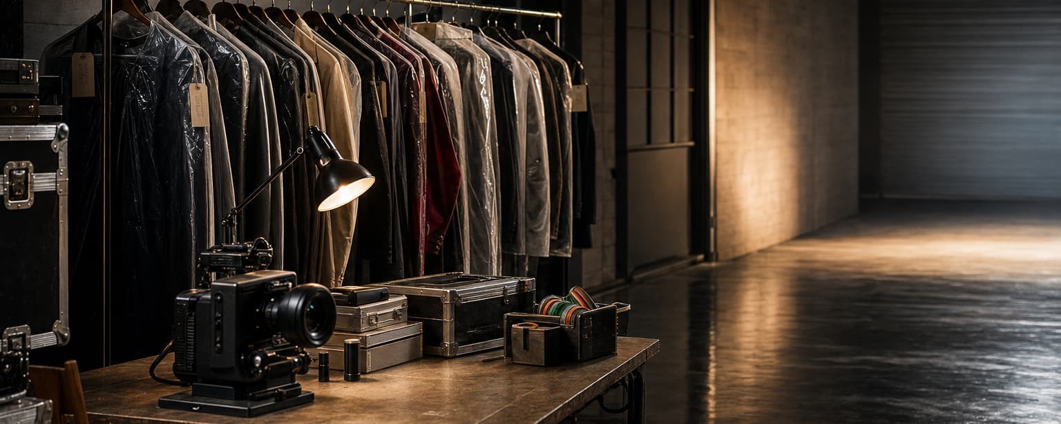 A wardrobe rail of hung costumes beside stacked road cases and camera gear laid out on a folding table in a dim stage space