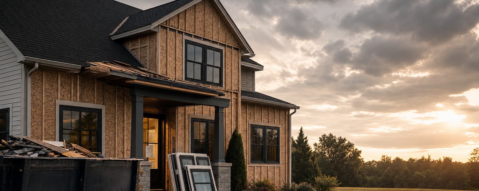 A house mid-renovation at golden hour, a roll-off dumpster in the driveway, new windows stacked on the porch and a permit taped inside the front door glass