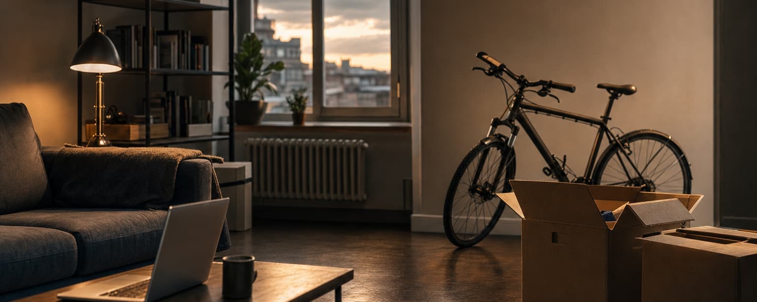 An apartment living room at dusk with a sofa, a laptop on the coffee table, a bicycle against the wall and open moving boxes