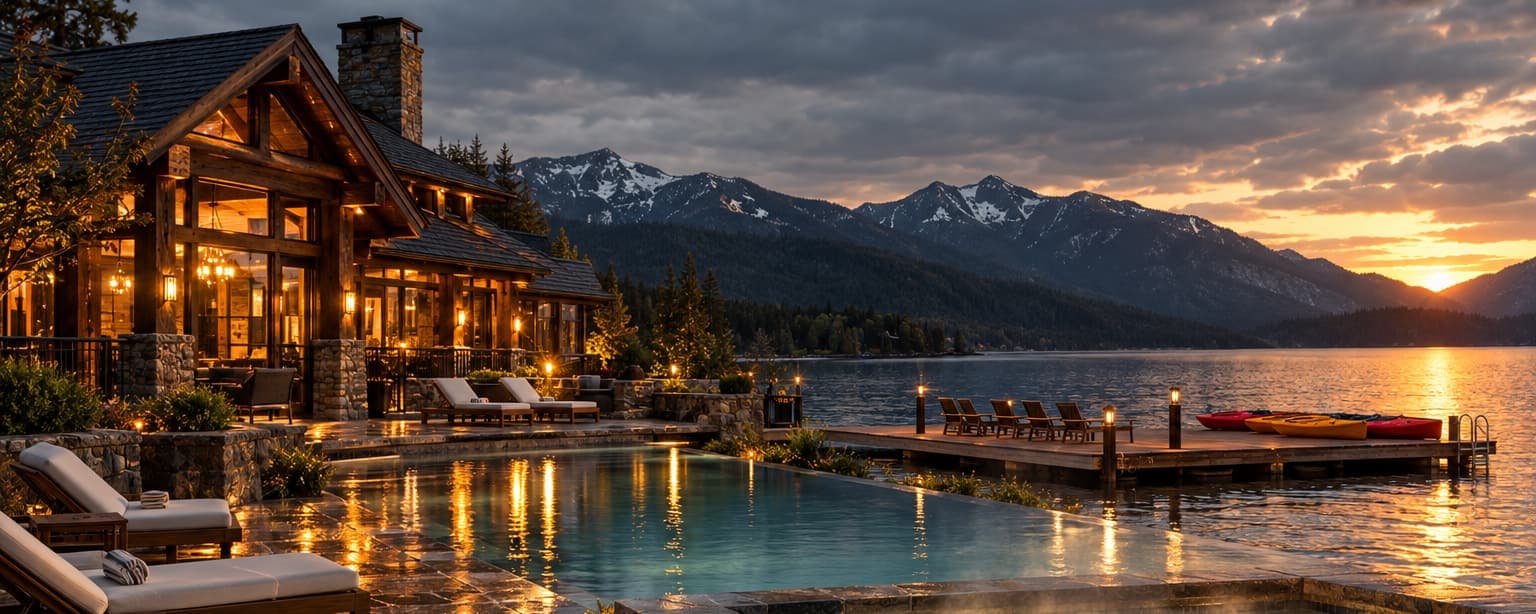 A lakeside resort at dusk, a timber lodge with lit windows, a pool and hot tub, a dock with kayaks, lounge chairs on the lawn and mountains behind