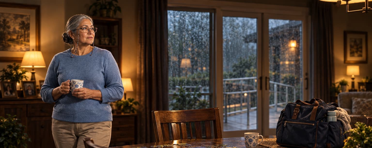 A gray-haired respite care provider in a blue sweater holding a cup of tea in her own dining room on a rainy evening, a half-finished jigsaw puzzle on the table and a family’s packed day bag by the patio door