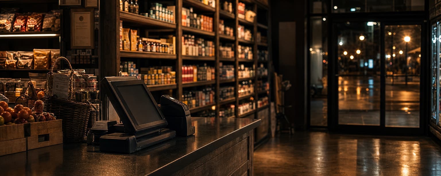 A small retail store interior after closing, shelving stocked and display lighting on, the closed register in the foreground and the front door glass reflecting street lights