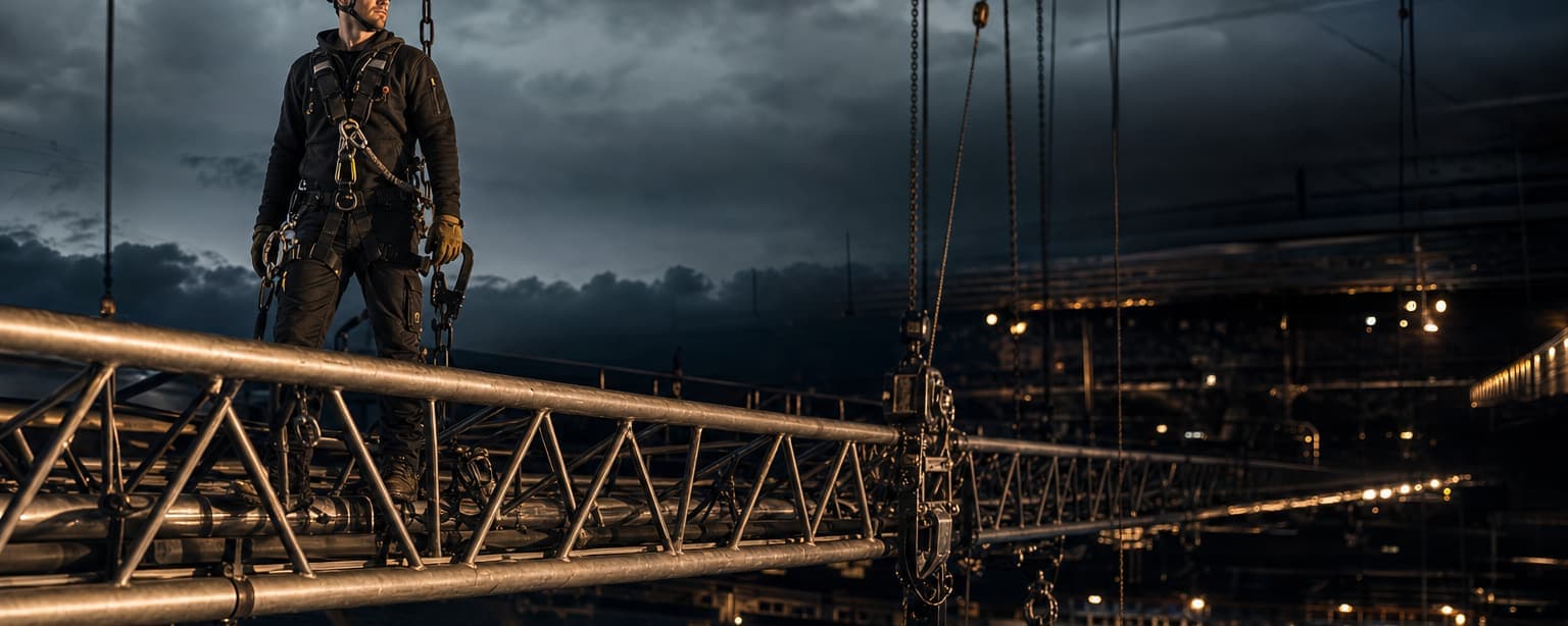 A rigger in a full harness standing on a lit truss above an arena floor, chain hoists hanging from the grid and the house lights on below