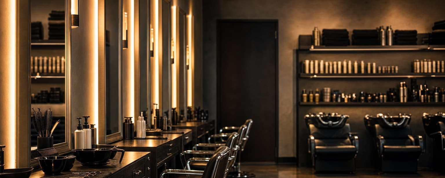 A hair salon after closing, styling chairs at lit mirrors down one wall, color bowls and shears laid out on a station and shampoo bowls at the back