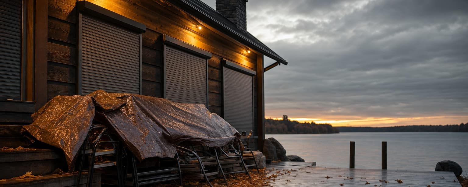 A lakeside cabin with the shutters closed and porch furniture stacked under a tarp, the water and a jetty beyond at dusk