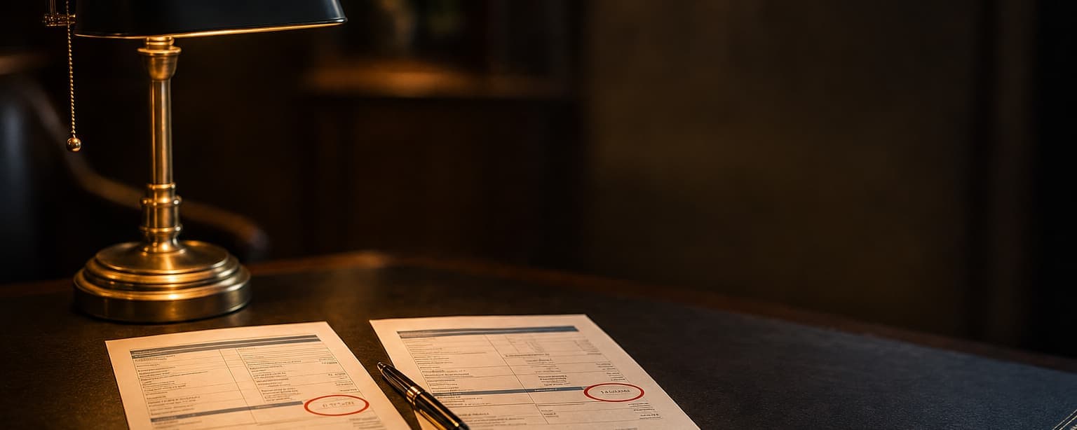 Two policy pages laid side by side under a lamp with different retention figures circled in red, a pen resting between them