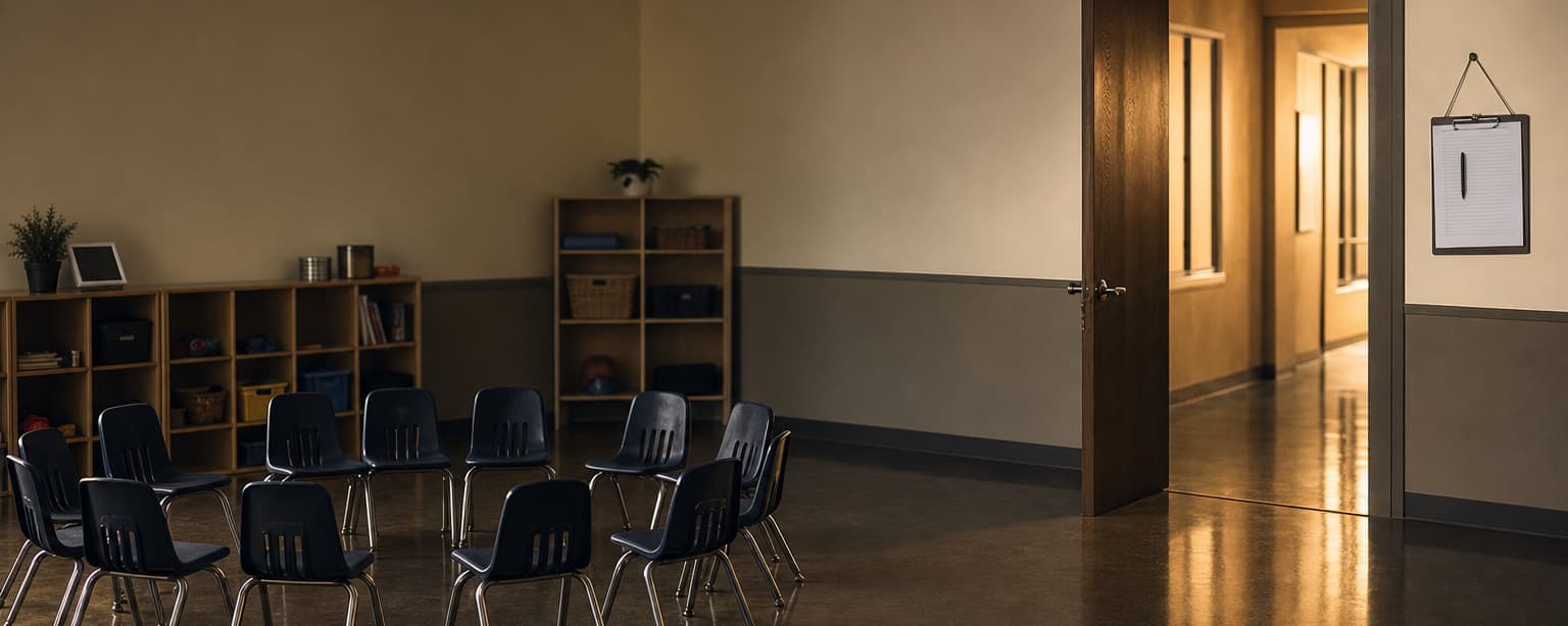 A community room with a circle of stacking chairs, low shelving of supplies and an open door onto a lit corridor