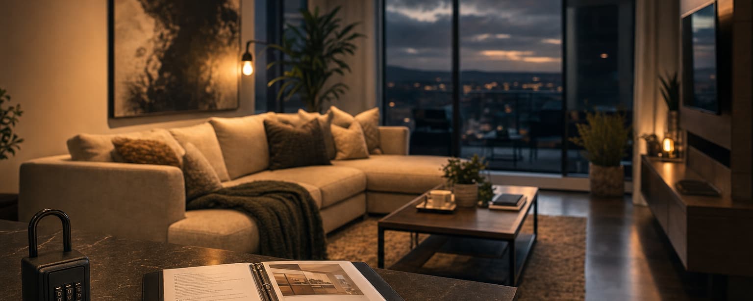The furnished living room of a short-term rental at dusk, a styled sofa and coffee table and a lockbox key and a welcome binder open on the kitchen counter beyond