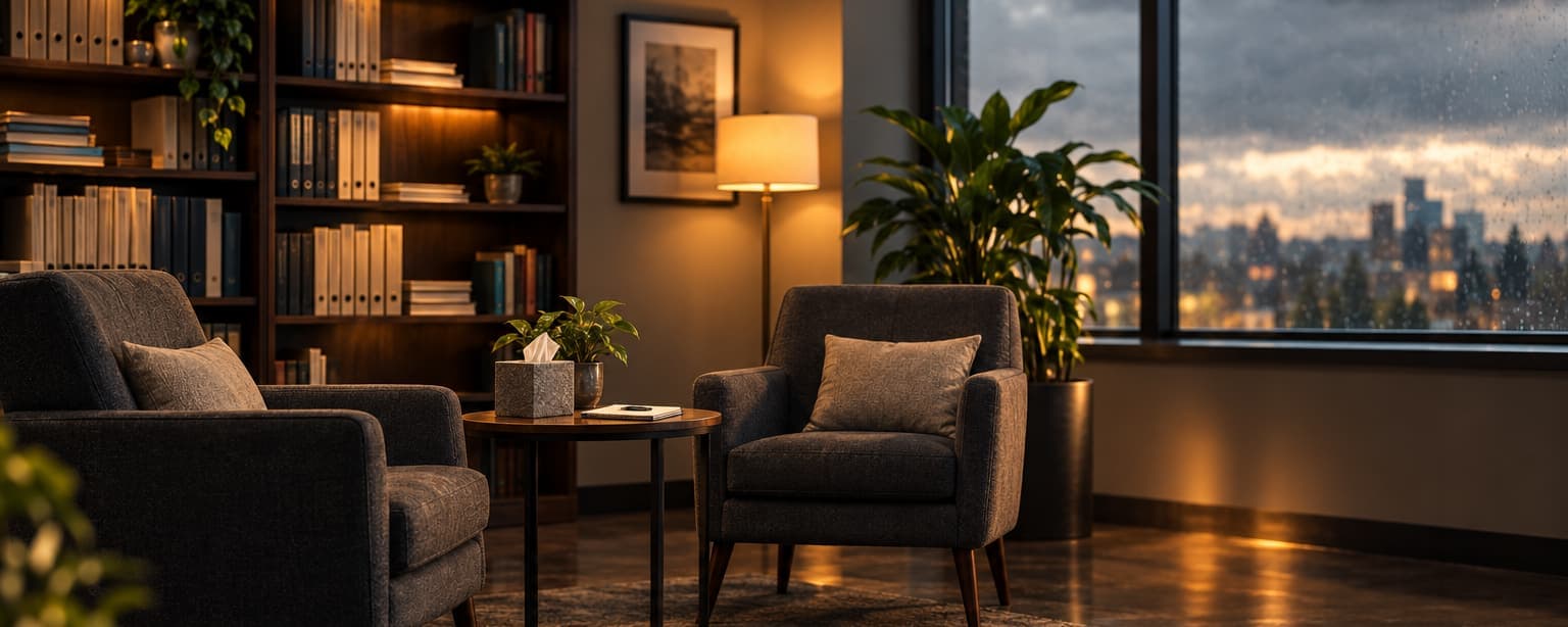 A quiet counseling office with two armchairs facing each other, a small table with a tissue box and a notepad, a bookshelf of case files and a plant by the window