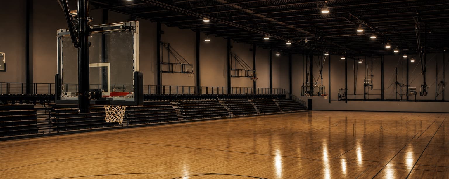 An indoor multi-court sports facility before opening, hardwood courts with the retractable hoops raised, line markings crossing and empty spectator seating under high bay lights