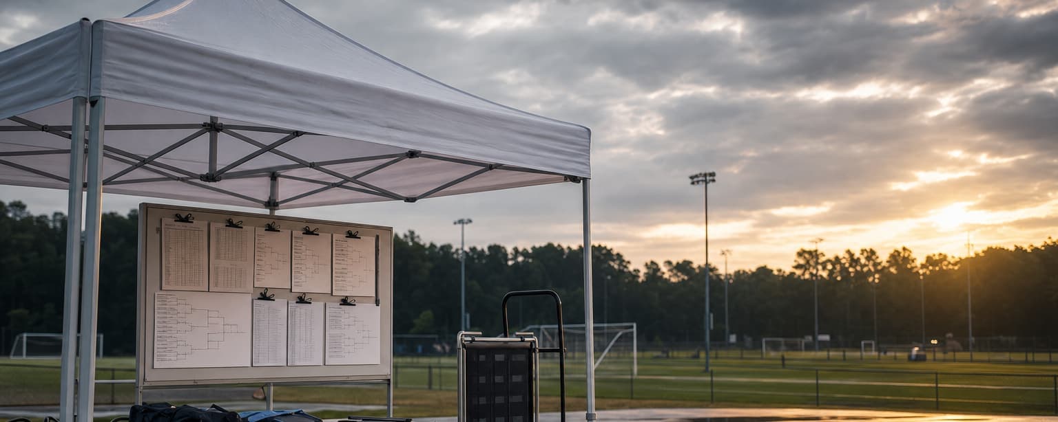 A tournament check-in table under a pop-up canopy beside a field complex at dawn, bracket sheets clipped to a board and a cone stack and a rolling scoreboard cart alongside