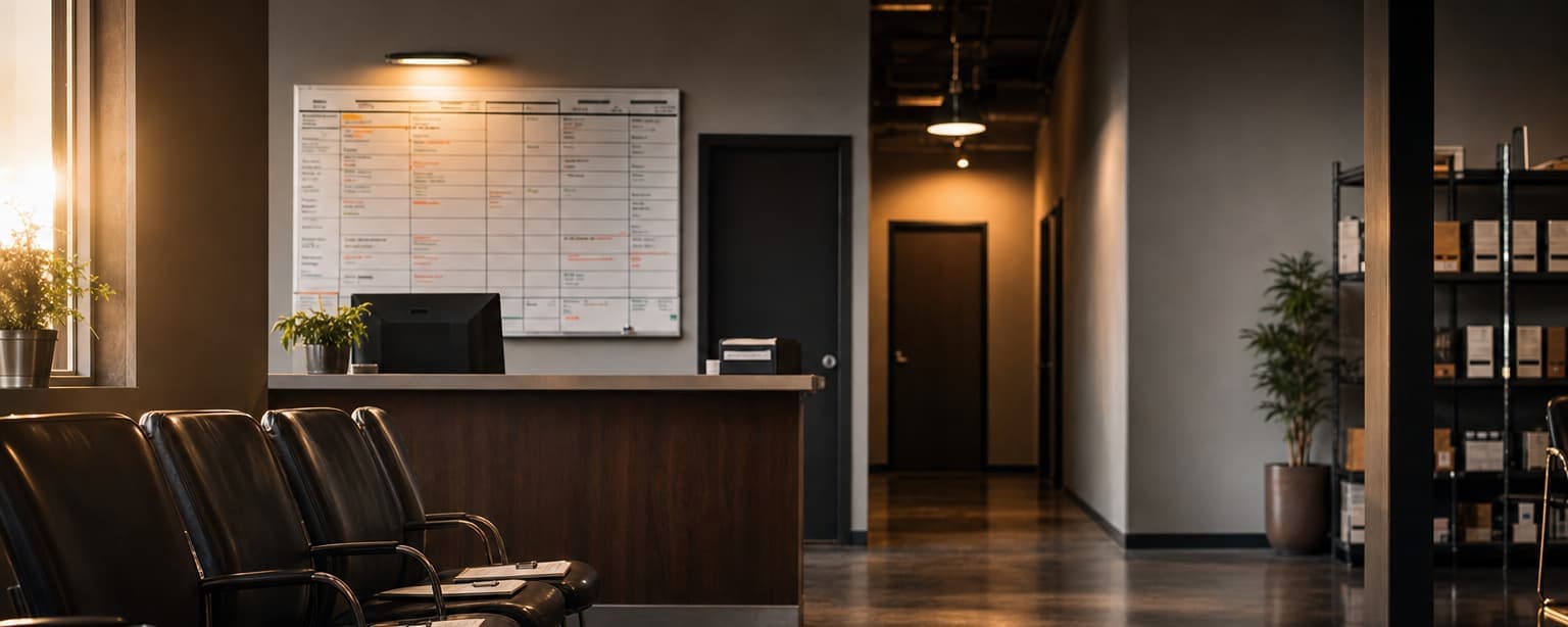 A staffing agency office at opening, a waiting area of chairs with clipboards and application forms and a whiteboard of open assignments and shift times behind the front desk
