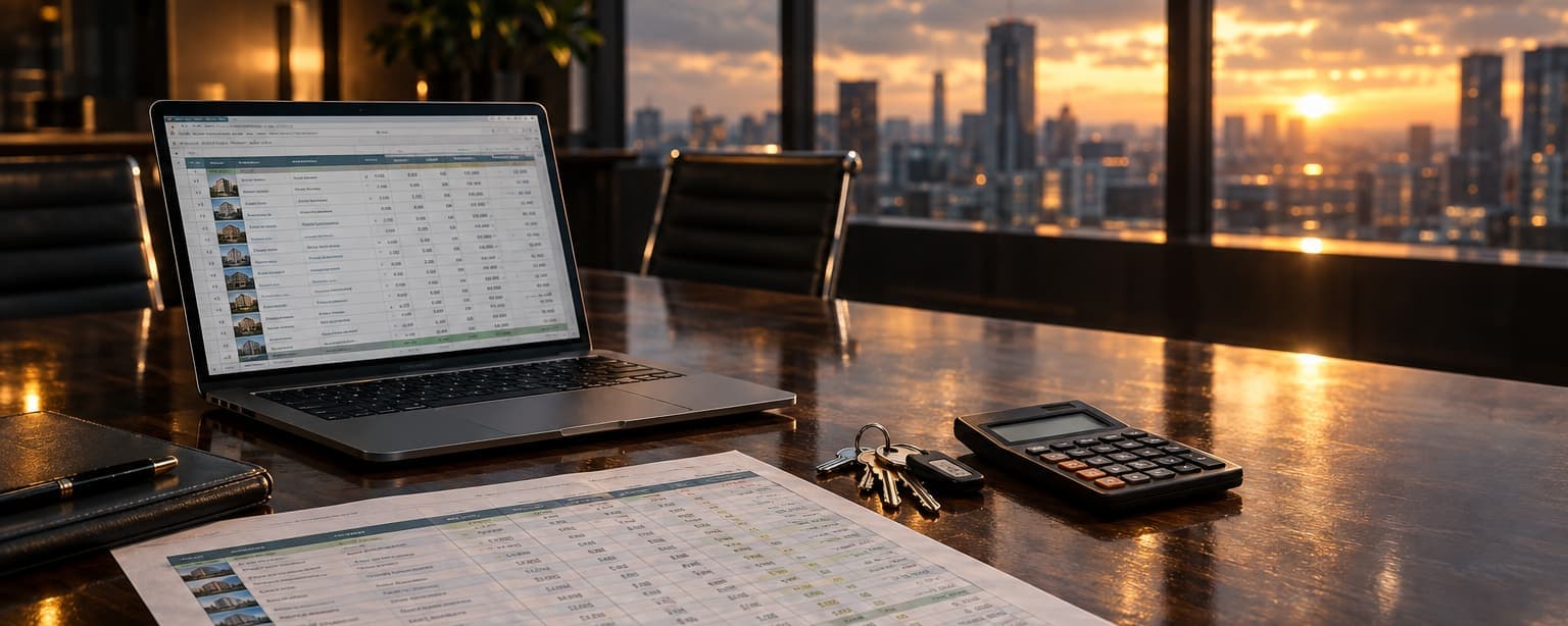 A conference table at sunset with a printed schedule of buildings and values, a laptop showing the same spreadsheet, a ring of building keys and a calculator, the skyline through the glass