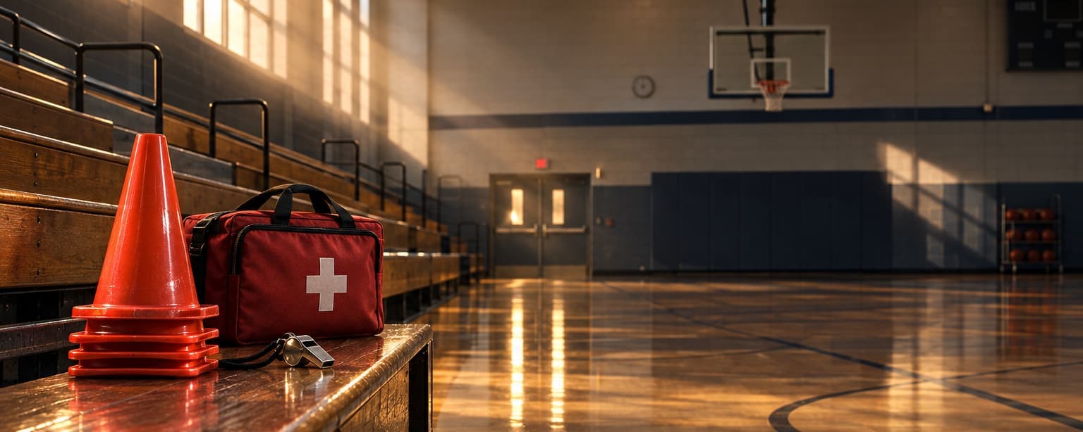 An empty school gymnasium with a basketball court, a first-aid station beside the bleachers, a stack of cones and a whistle on a bench, afternoon light through the high windows