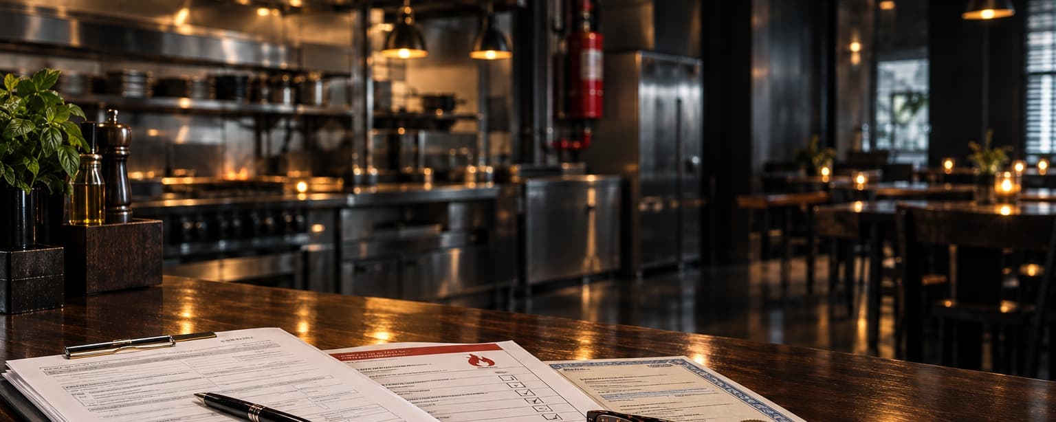 A restaurant’s pass counter at close with a multi-page insurance questionnaire, a pen, a red-bordered fire suppression inspection card and a framed liquor license copy, the kitchen line and dining room lit behind