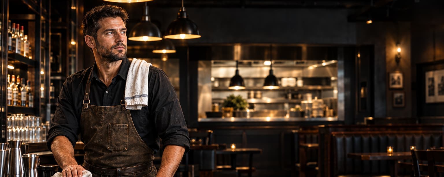 A tavern keeper wiping down the bar with a cloth over one shoulder, the lit kitchen pass and leather booth seating behind him
