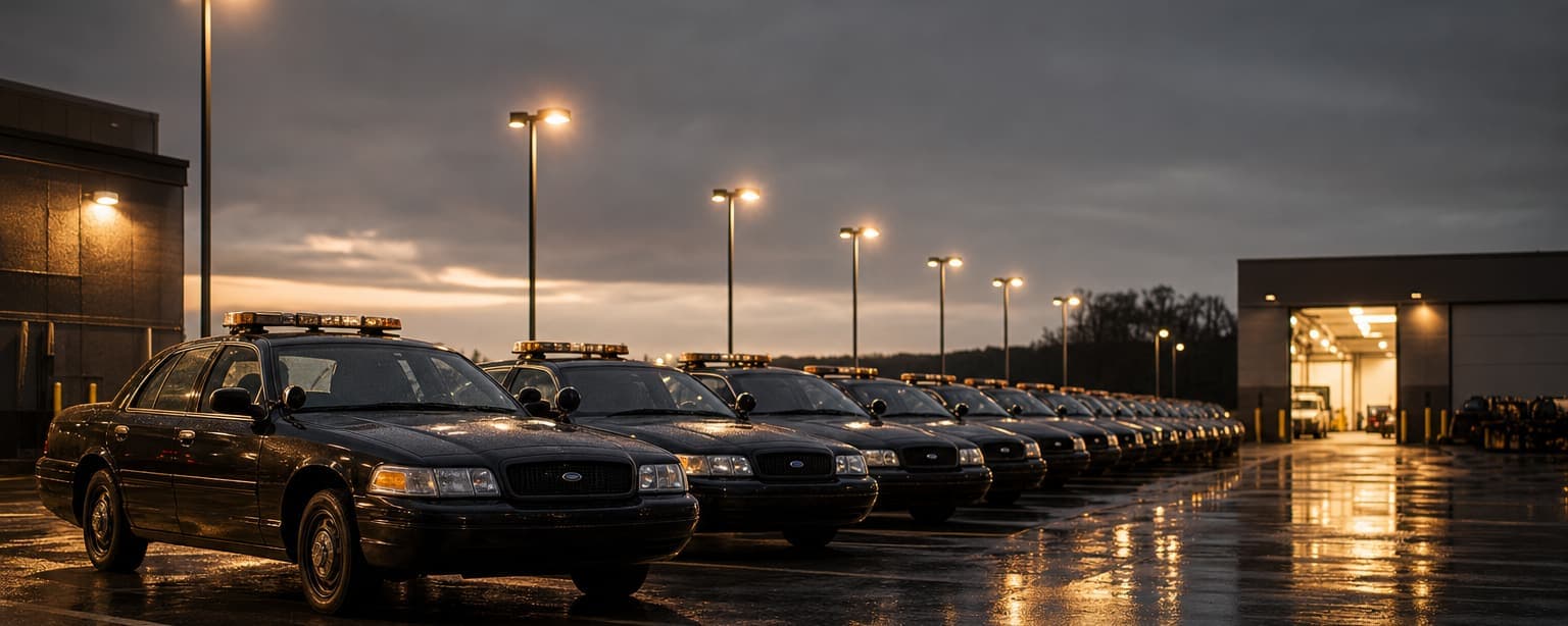 A vehicle fleet lot at night, rows of identical sedans with roof lights and door decals parked under pole lights and a small maintenance bay lit at the end, wet asphalt