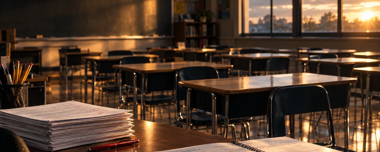 An empty classroom after the last bell, desks in rows, a graded stack of papers and a red pen on the teacher's desk, a lesson plan book open in late afternoon light