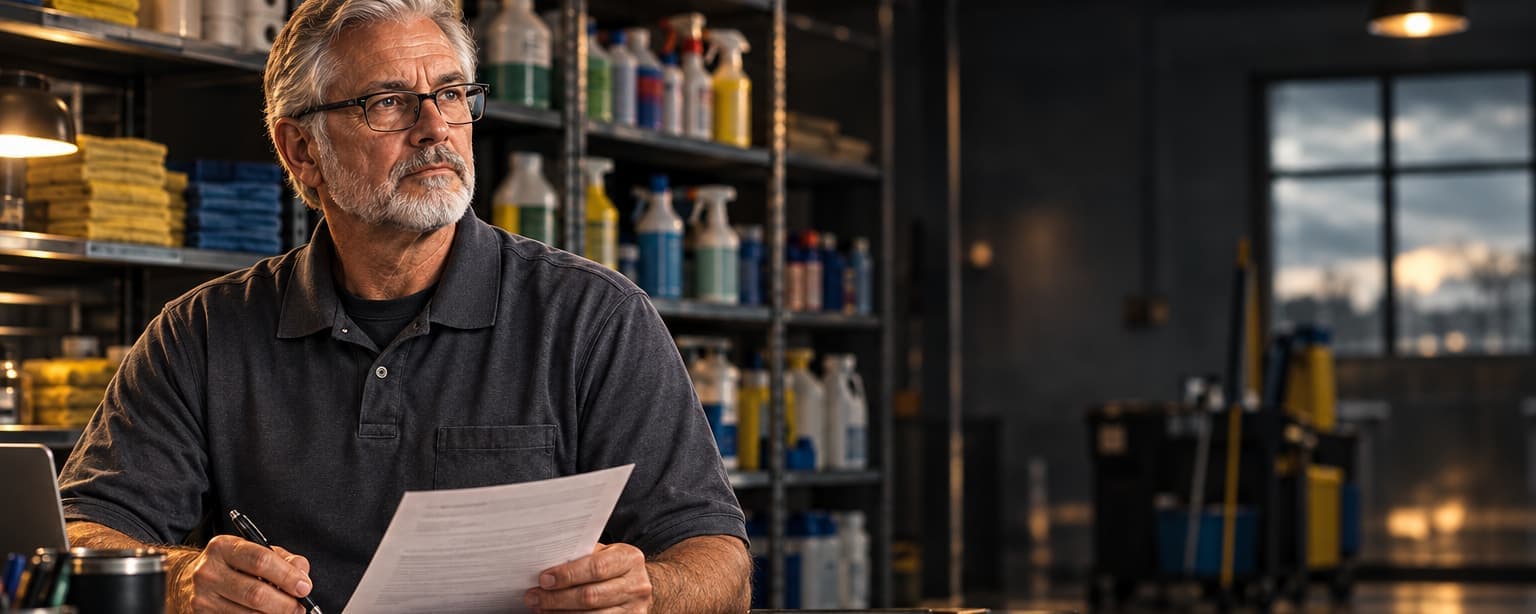 The owner of a commercial cleaning company in reading glasses at his office desk with a one-page insurance form and a pen, shelves of cleaning supplies behind him