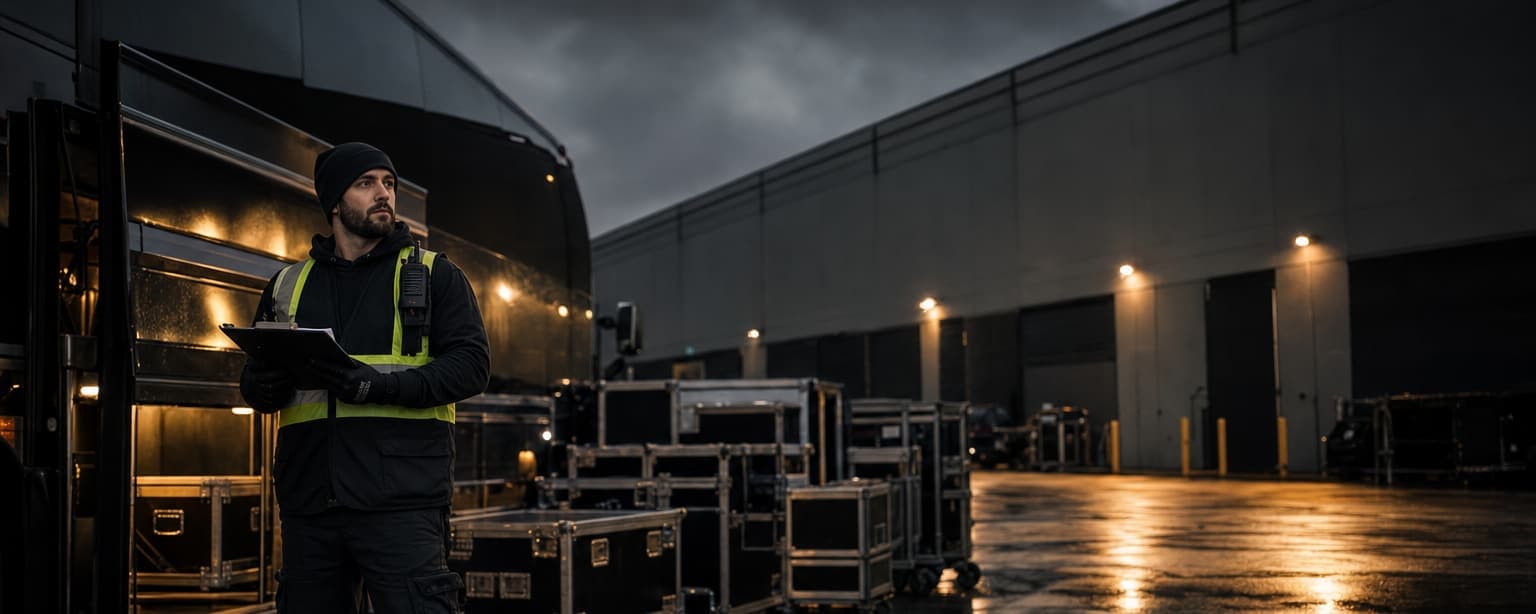 A tour manager with a clipboard beside the bus, road cases staged on a wet loading dock