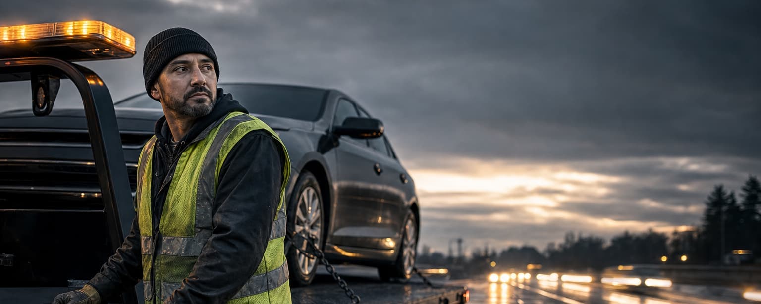 A tow operator in a hi-vis vest and knit cap at the hydraulic controls of a flatbed rollback, a sedan chained down on the deck, on a wet freeway shoulder at dusk